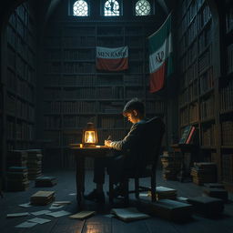 A dark castle interior featuring a teenage man seated on a wooden chair at a small desk, diligently writing by the light of a lantern