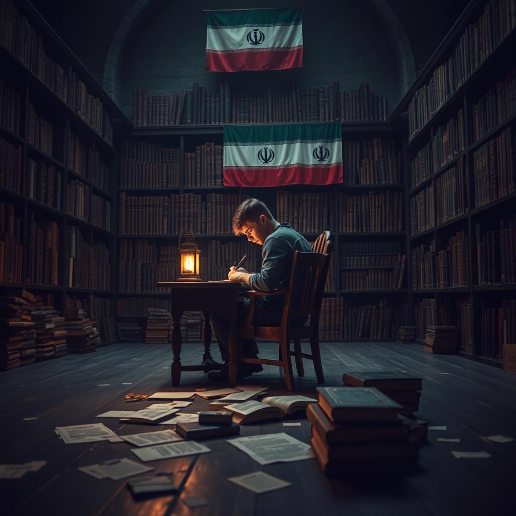 A dark castle interior featuring a teenage man seated on a wooden chair at a small desk, diligently writing by the light of a lantern