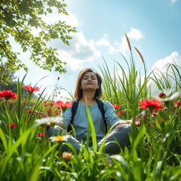 A serene and lively setting showcasing the beauty of nature, with an individual sitting up peacefully in a lush garden
