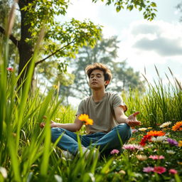 A serene and lively setting showcasing the beauty of nature, with an individual sitting up peacefully in a lush garden