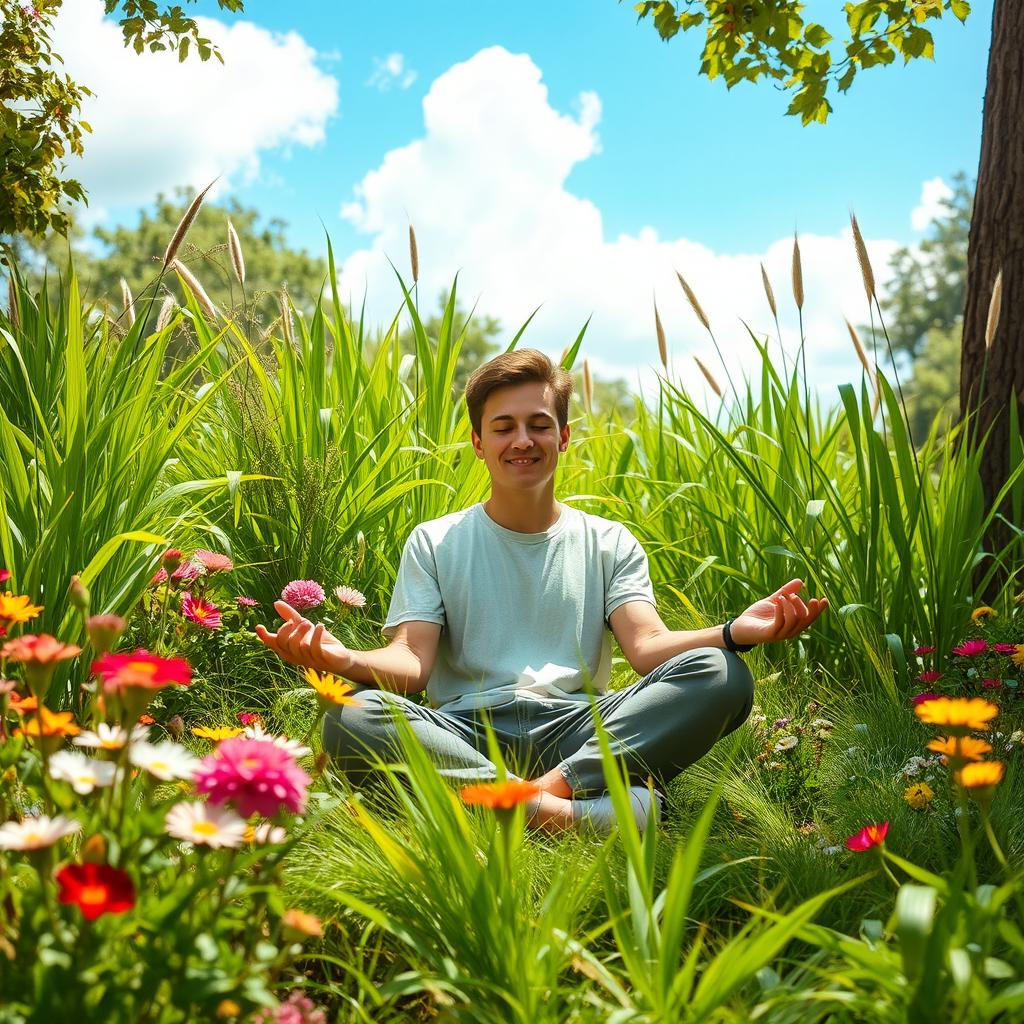 A serene and lively setting showcasing the beauty of nature, with an individual sitting up peacefully in a lush garden