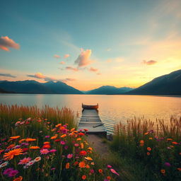 A serene landscape featuring a tranquil lake surrounded by majestic mountains