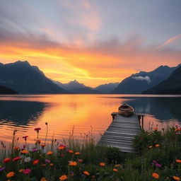 A serene landscape featuring a tranquil lake surrounded by majestic mountains