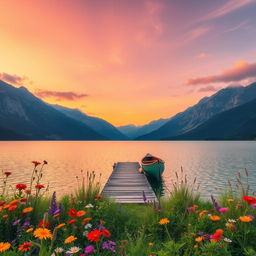 A serene landscape featuring a tranquil lake surrounded by majestic mountains