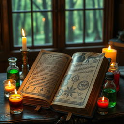 An open magical grimoire, filled with intricate illustrations and ancient symbols