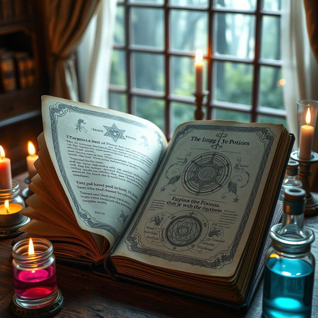 An open magical grimoire, filled with intricate illustrations and ancient symbols