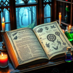 An open magical grimoire, filled with intricate illustrations and ancient symbols