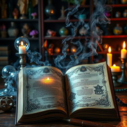 An open grimoire with magical dust swirling out from its pages, creating a mesmerizing effect in the air