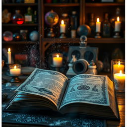 An open grimoire with magical dust swirling out from its pages, creating a mesmerizing effect in the air