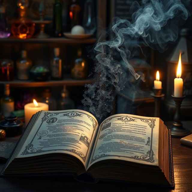 An open grimoire with magical dust swirling out from its pages, creating a mesmerizing effect in the air