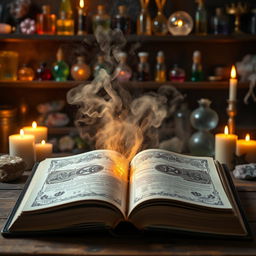 An open grimoire with magical dust swirling out from its pages, creating a mesmerizing effect in the air