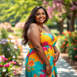 A portrait of a confident and stunning plus-size woman, with a radiant smile, wearing a vibrant summer dress that flatters her figure