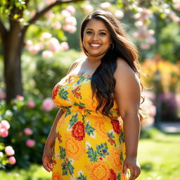 A portrait of a confident and stunning plus-size woman, with a radiant smile, wearing a vibrant summer dress that flatters her figure