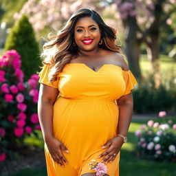 A portrait of a confident and stunning plus-size woman, with a radiant smile, wearing a vibrant summer dress that flatters her figure