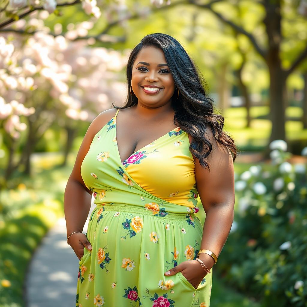 A portrait of a confident and stunning plus-size woman, with a radiant smile, wearing a vibrant summer dress that flatters her figure