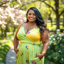 A portrait of a confident and stunning plus-size woman, with a radiant smile, wearing a vibrant summer dress that flatters her figure