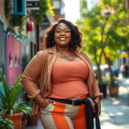 A confident plus-sized woman posing in a vibrant urban setting, showcasing her curves with style and grace