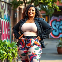 A confident plus-sized woman posing in a vibrant urban setting, showcasing her curves with style and grace