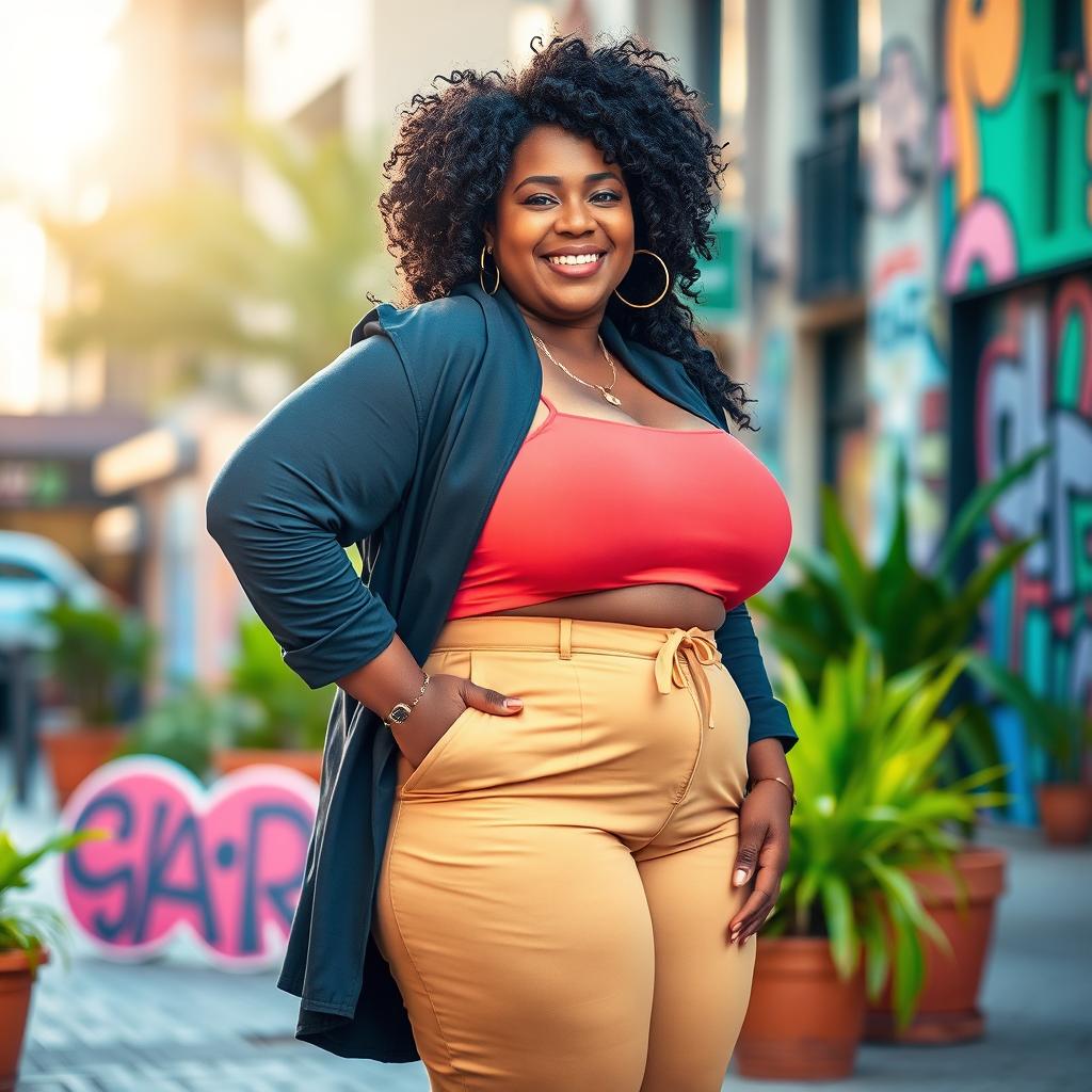 A confident plus-sized woman posing in a vibrant urban setting, showcasing her curves with style and grace