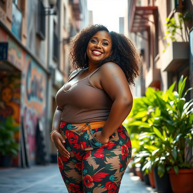 A confident plus-sized woman posing in a vibrant urban setting, showcasing her curves with style and grace