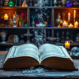 A photograph of an open grimoire, with magical dust swirling out of the pages