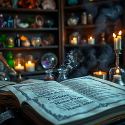 A photograph of an open grimoire, with magical dust swirling out of the pages