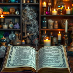 A photograph of an open grimoire, with magical dust swirling out of the pages