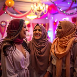 Three joyful women wearing headscarves, dressed in open attire, celebrating inside a beautifully decorated room