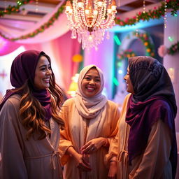 Three joyful women wearing headscarves, dressed in open attire, celebrating inside a beautifully decorated room