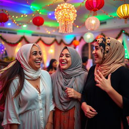 Three joyful women wearing headscarves, dressed in open attire, celebrating inside a beautifully decorated room