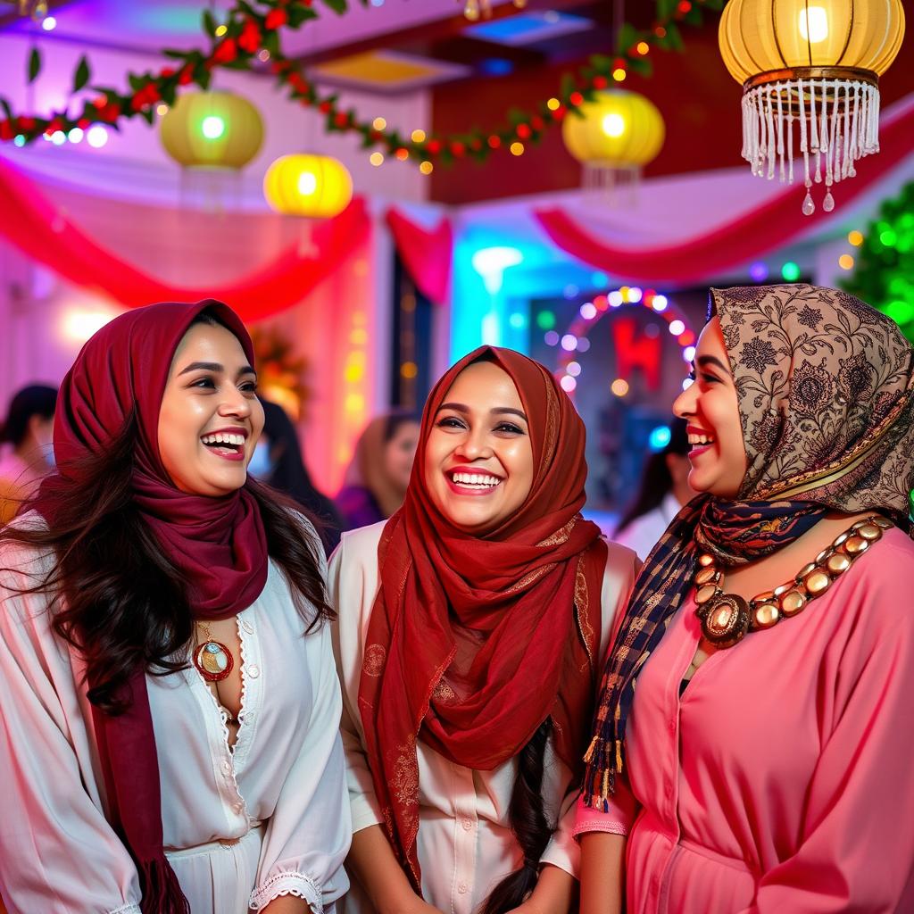 Three joyful women wearing headscarves, dressed in open attire, celebrating inside a beautifully decorated room