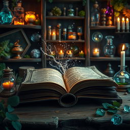 A beautiful open grimoire with mystical stardust swirling out of it