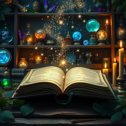 A beautiful open grimoire with mystical stardust swirling out of it
