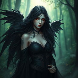 A fallen aasimar female with flowing black hair and striking red eyes, standing in a mystical forest bathed in ethereal light