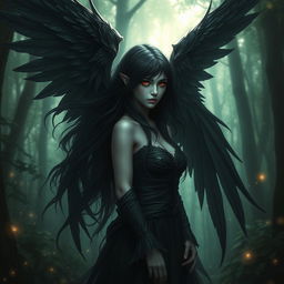 A fallen aasimar female with flowing black hair and striking red eyes, standing in a mystical forest bathed in ethereal light