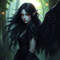 A fallen aasimar female with flowing black hair and striking red eyes, standing in a mystical forest bathed in ethereal light