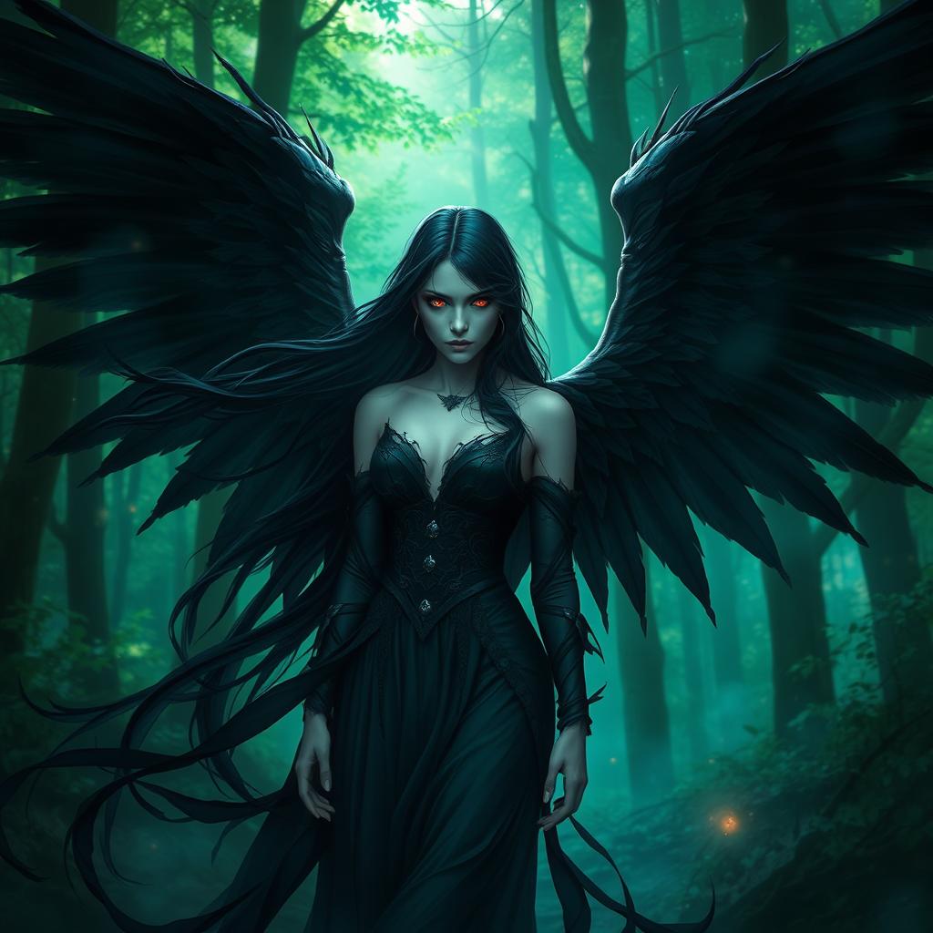 A fallen aasimar female with flowing black hair and striking red eyes, standing in a mystical forest bathed in ethereal light