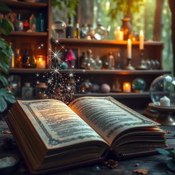 A stunning photograph of an open grimoire, with enchanting mystical stardust emanating from the pages