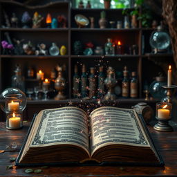 A stunning photograph of an open grimoire, with enchanting mystical stardust emanating from the pages