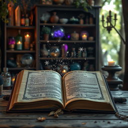 A stunning photograph of an open grimoire, with enchanting mystical stardust emanating from the pages