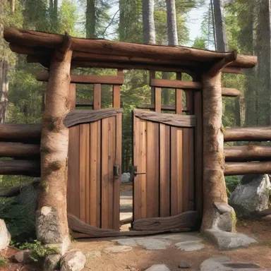 The rustic cabin was adorned with an abatis-inspired wooden gate at its entrance.