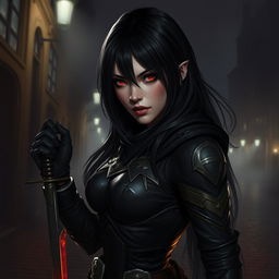 A fallen aasimar female rogue with sleek, flowing black hair and piercing red eyes, poised in a shadowy urban setting at night