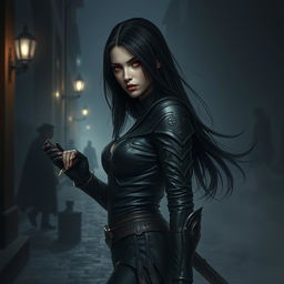 A fallen aasimar female rogue with sleek, flowing black hair and piercing red eyes, poised in a shadowy urban setting at night