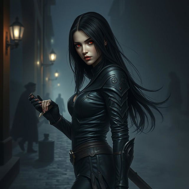 A fallen aasimar female rogue with sleek, flowing black hair and piercing red eyes, poised in a shadowy urban setting at night