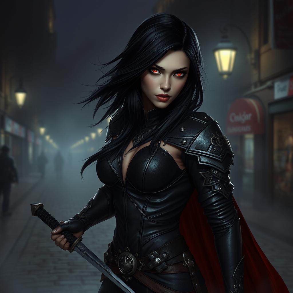 A fallen aasimar female rogue with sleek, flowing black hair and piercing red eyes, poised in a shadowy urban setting at night