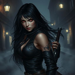 A fallen aasimar female rogue with sleek, flowing black hair and piercing red eyes, poised in a shadowy urban setting at night