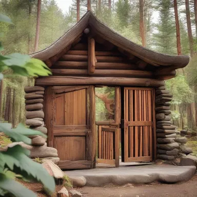 The rustic cabin was adorned with an abatis-inspired wooden gate at its entrance.