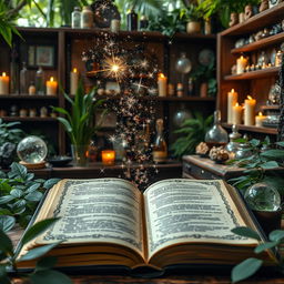 An open grimoire with mystical stardust emanating from its pages, set against an apothecary-style background filled with shelves of crystals, crystal balls, vials, and candles