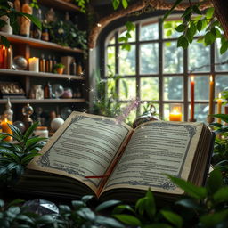 An open grimoire with mystical stardust emanating from its pages, set against an apothecary-style background filled with shelves of crystals, crystal balls, vials, and candles