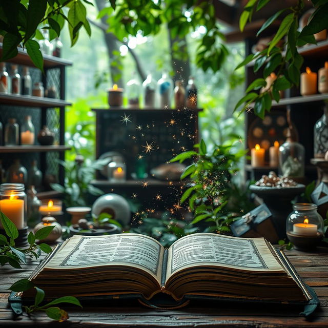 An open grimoire with mystical stardust emanating from its pages, set against an apothecary-style background filled with shelves of crystals, crystal balls, vials, and candles